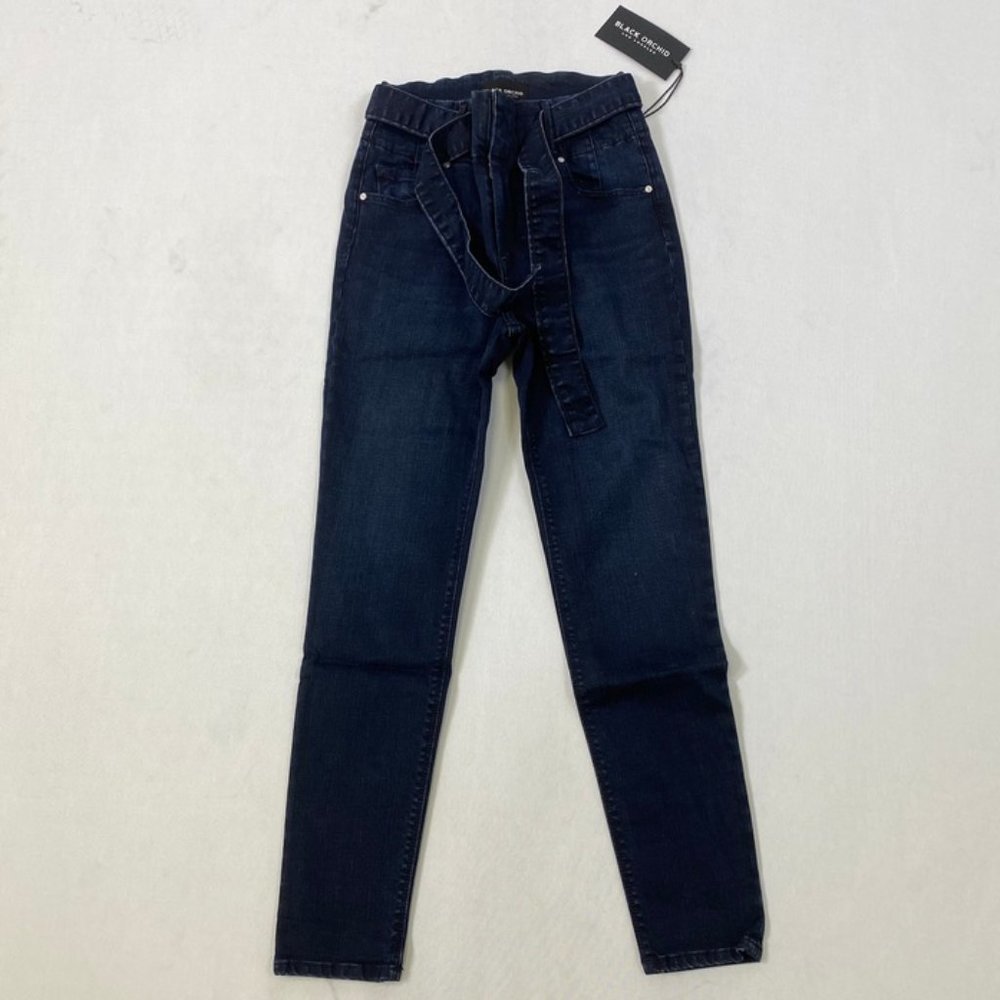 Black Orchid Belted Straight Jeans  - Dark Blue
